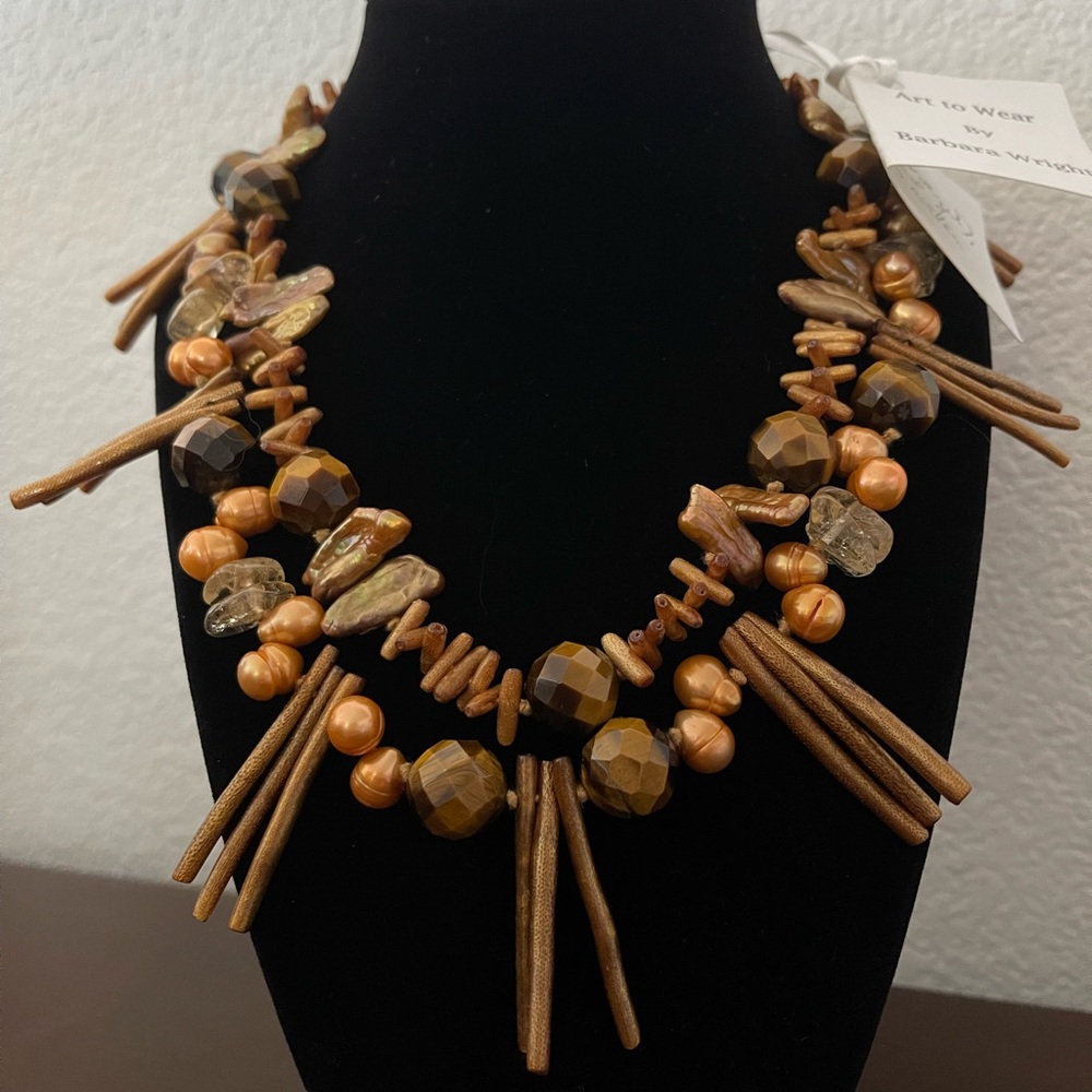 Handmade Tiger's Eye Pearl Coral Citrine Statement Necklace Art Jewelry